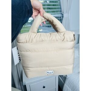 WILO The Label Quilted Puffer Tote Bag Zip Crossbody Tan Detachable Strap Travel